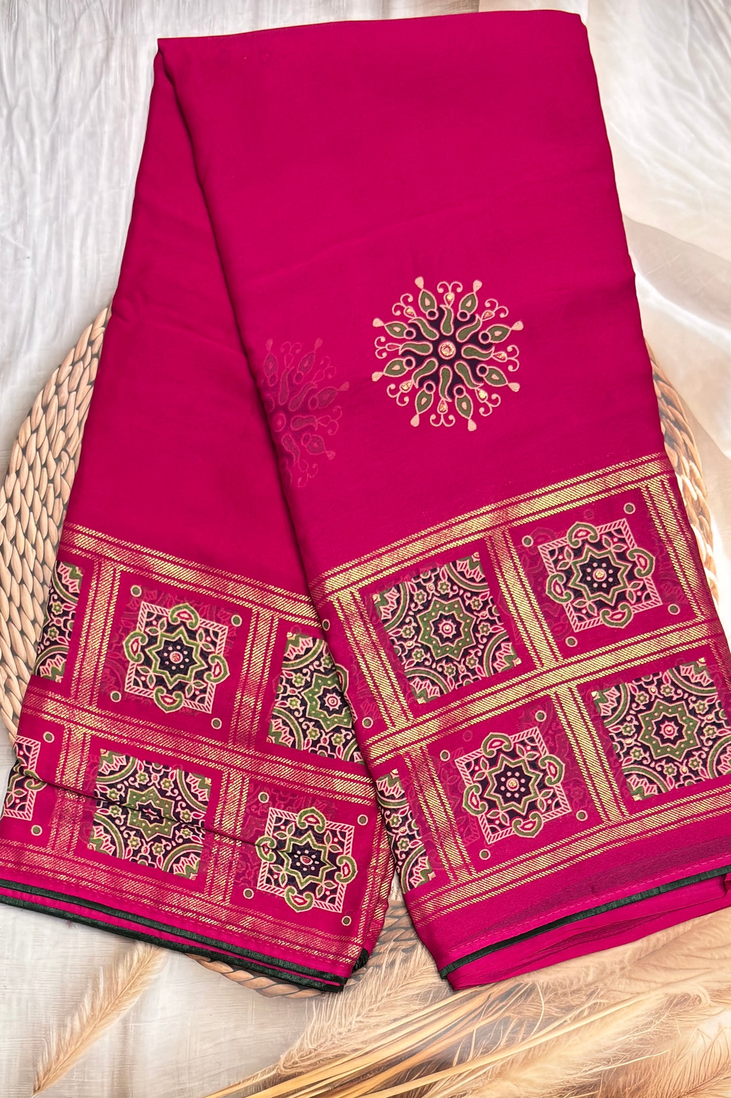 Premium Georgette Saree | Ajrak Foil | Rose | MBPG14