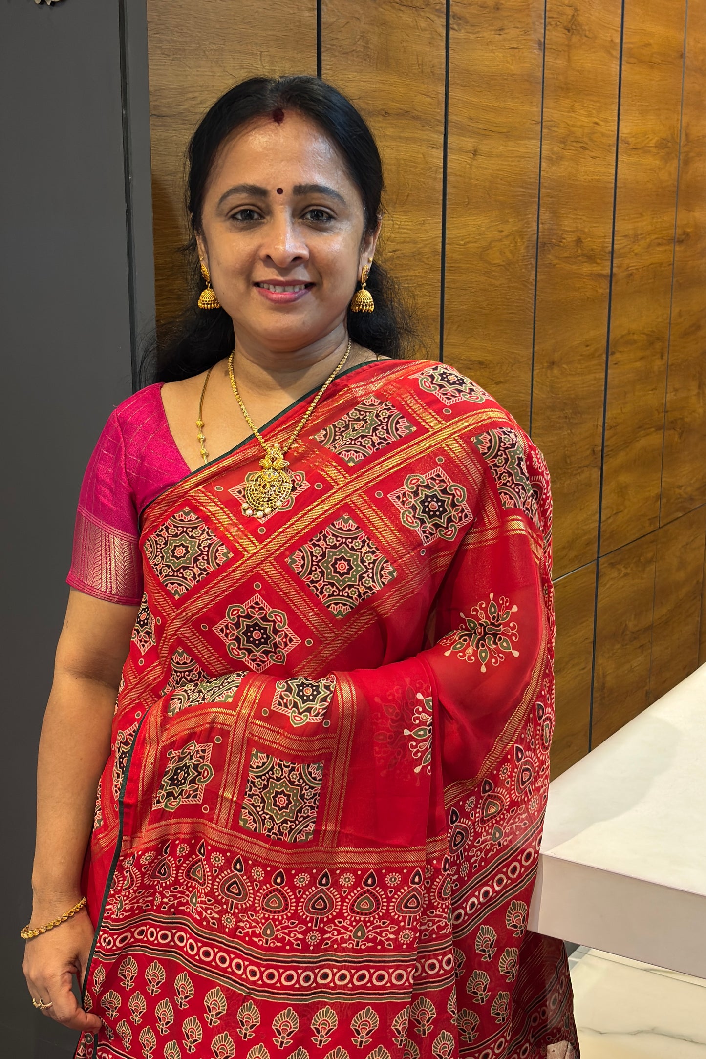 Premium Georgette Saree | Ajrak Foil | Red | MBPG12