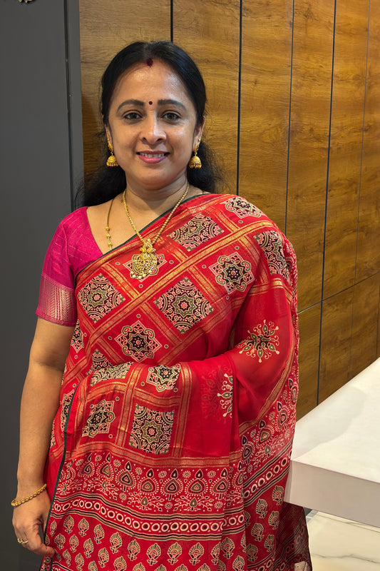 Premium Georgette Saree | Ajrak Foil | Red | MBPG12