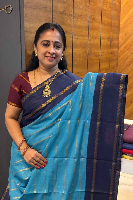 Premium Velthari Sungudi Cotton Saree  | Anandha Blue with Navy  Blue| SC25