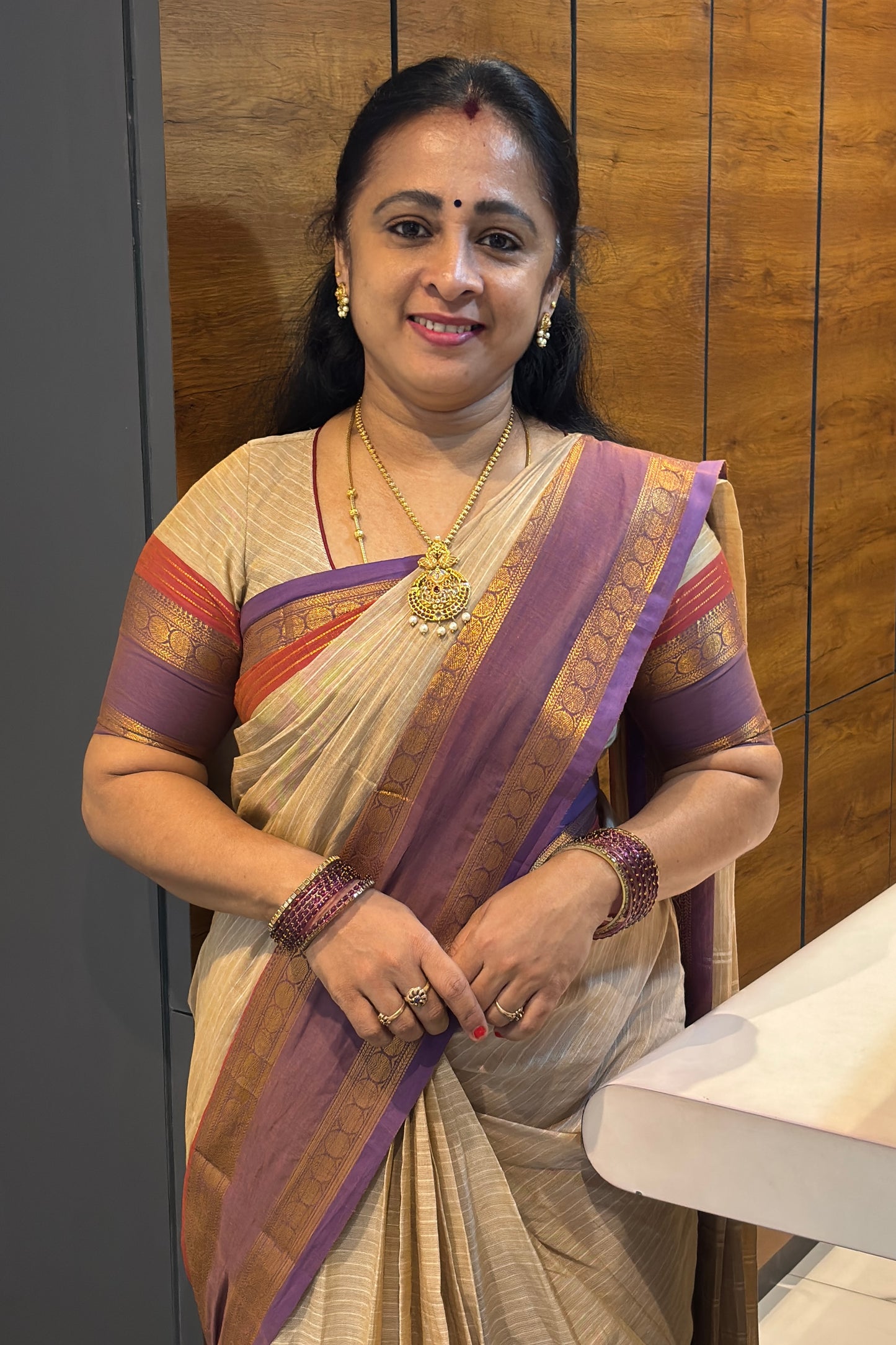Meenakshi -Premium Kanchi Cotton Saree– Gold With Lavender | MCK58
