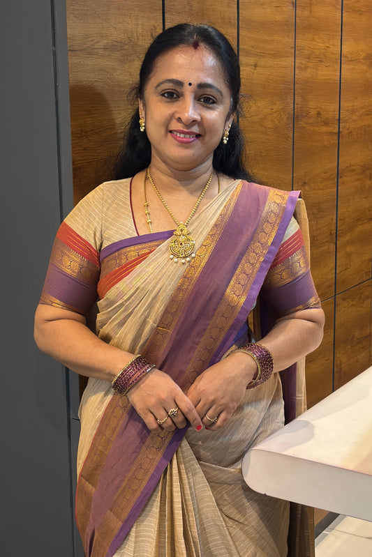 Meenakshi -Premium Kanchi Cotton Saree– Gold With Lavender | MCK58