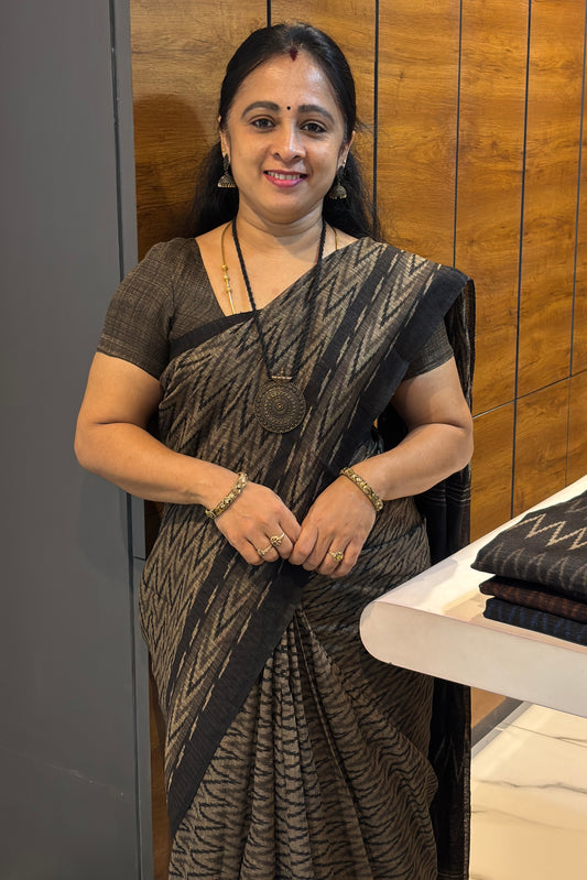 Jute Linen Saree | Olive Green with Black | MBJL01