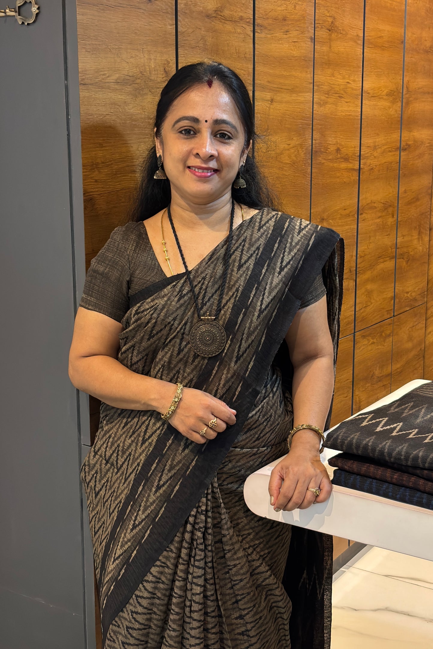 Jute Linen Saree | Olive Green with Black | MBJL01