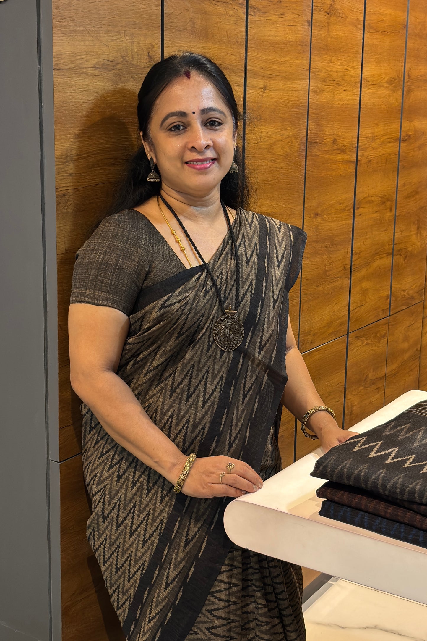 Jute Linen Saree | Olive Green with Black | MBJL01