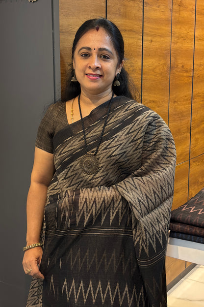 Jute Linen Saree | Olive Green with Black | MBJL01
