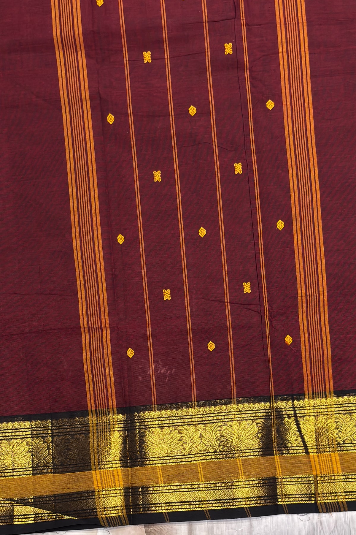 Meenakshi -Premium Kanchi Cotton Saree - Maroon with Mustard & Black| MCK123