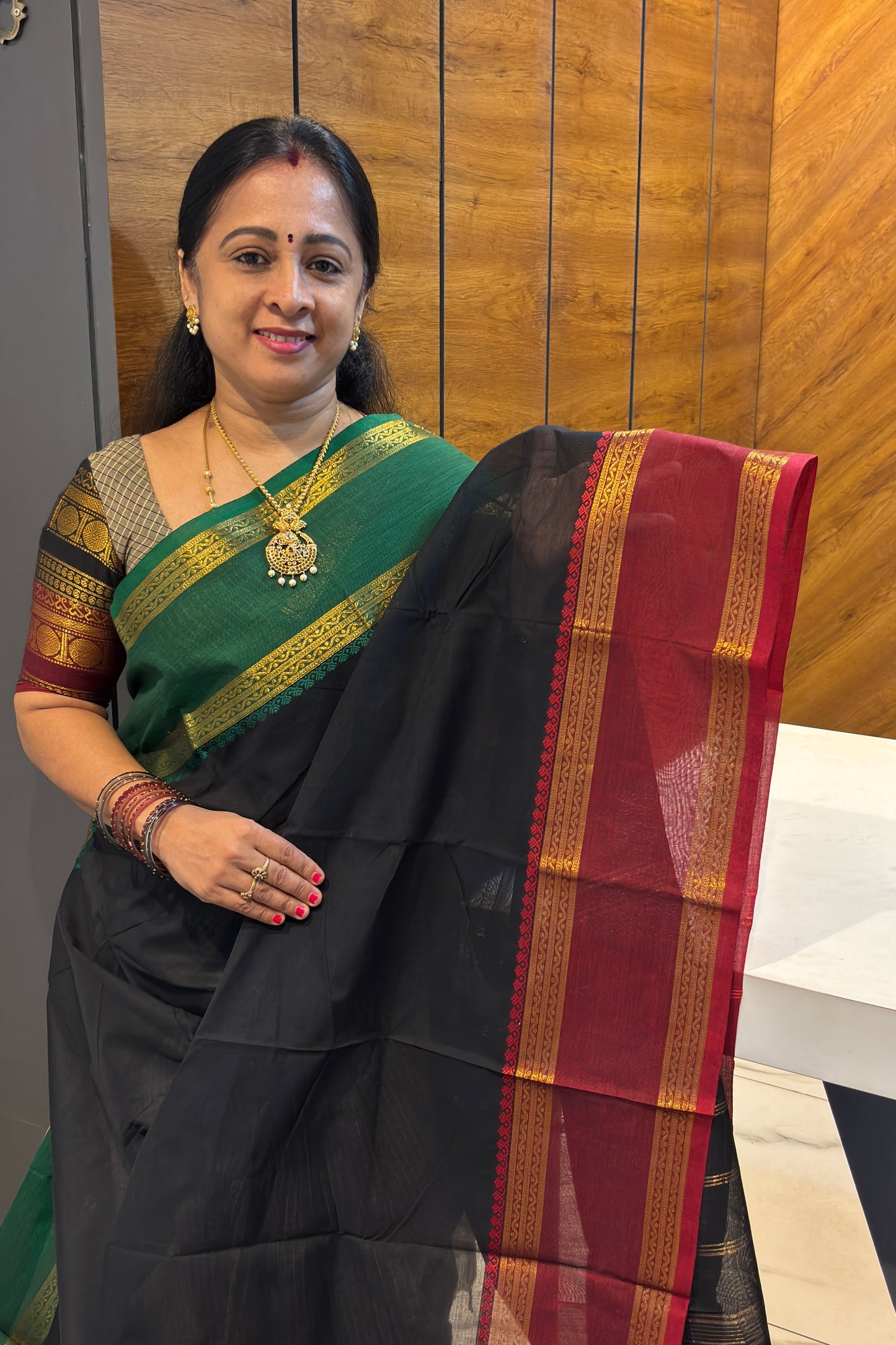 Meenakshi -Premium Kanchi Cotton Saree–Black With Maroon  & Green Ganja Jamuna Border| MCK59