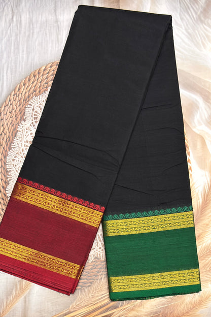 Meenakshi -Premium Kanchi Cotton Saree–Black With Maroon  & Green Ganja Jamuna Border| MCK59