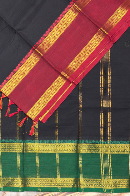 Meenakshi -Premium Kanchi Cotton Saree–Black With Maroon  & Green Ganja Jamuna Border| MCK59