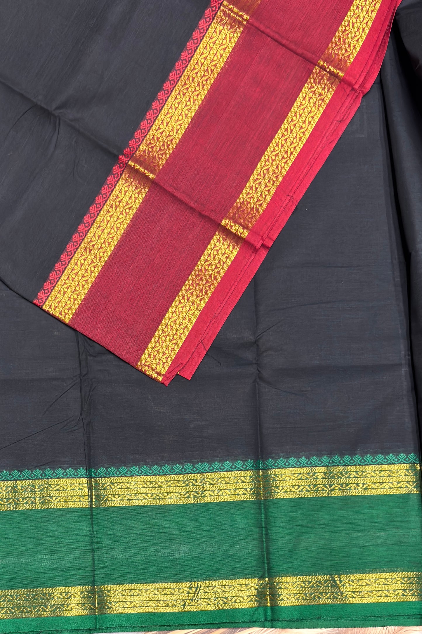 Meenakshi -Premium Kanchi Cotton Saree–Black With Maroon  & Green Ganja Jamuna Border| MCK59