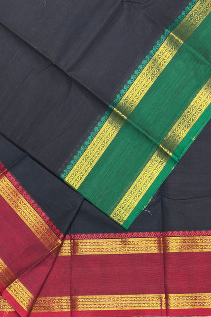 Meenakshi -Premium Kanchi Cotton Saree–Black With Maroon  & Green Ganja Jamuna Border| MCK59