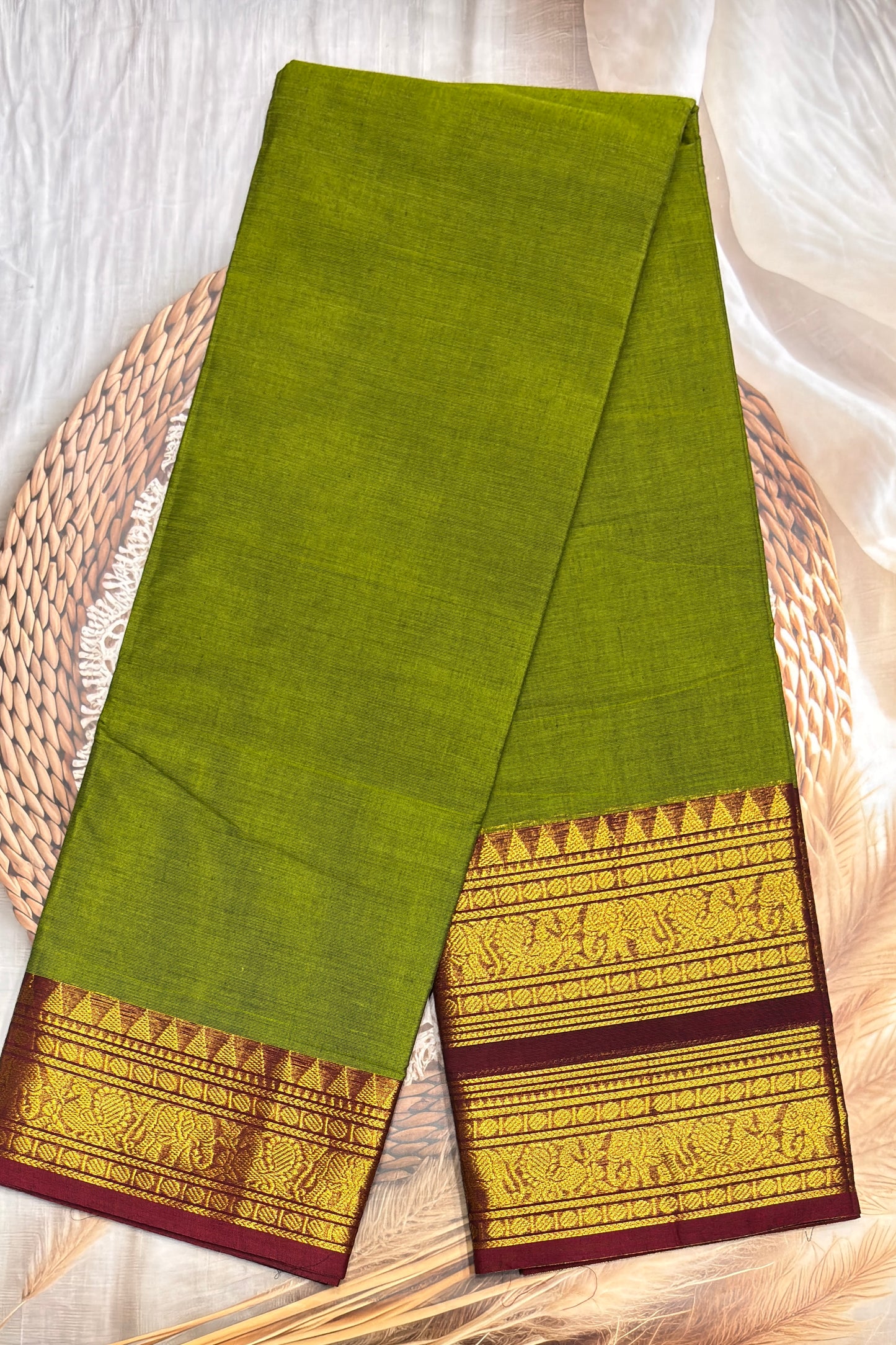 Meenakshi -Premium Kanchi Cotton Saree–Mehendi Green  With Maroon  | MCK61