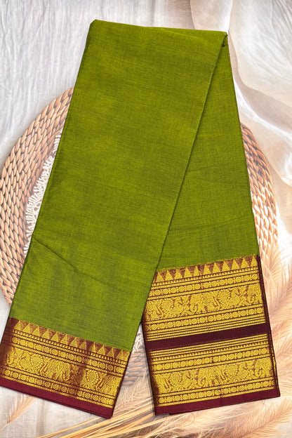 Meenakshi -Premium Kanchi Cotton Saree–Mehendi Green  With Maroon  | MCK61