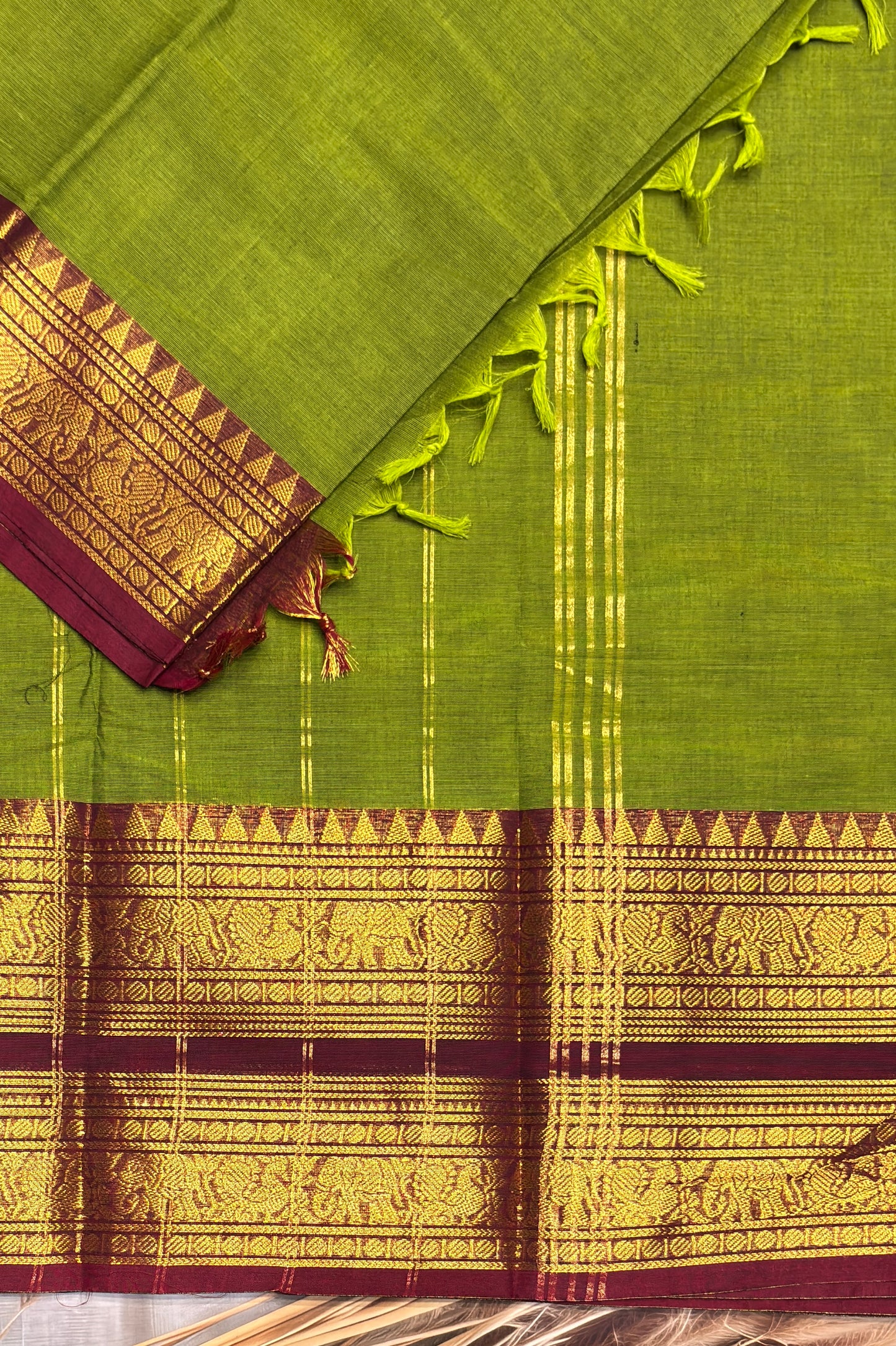 Meenakshi -Premium Kanchi Cotton Saree–Mehendi Green  With Maroon  | MCK61