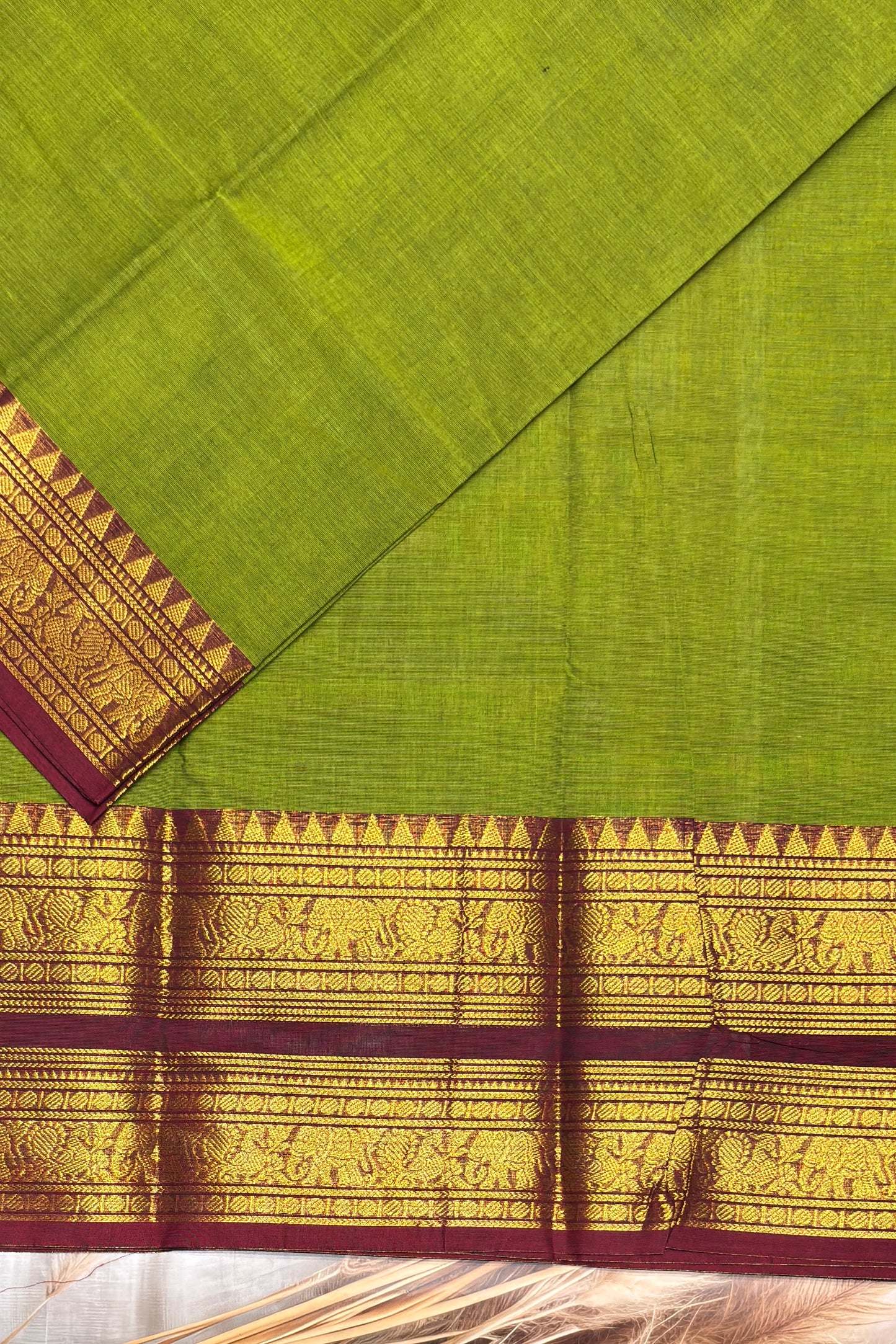 Meenakshi -Premium Kanchi Cotton Saree–Mehendi Green  With Maroon  | MCK61