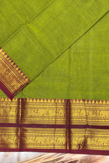 Meenakshi -Premium Kanchi Cotton Saree–Mehendi Green  With Maroon  | MCK61