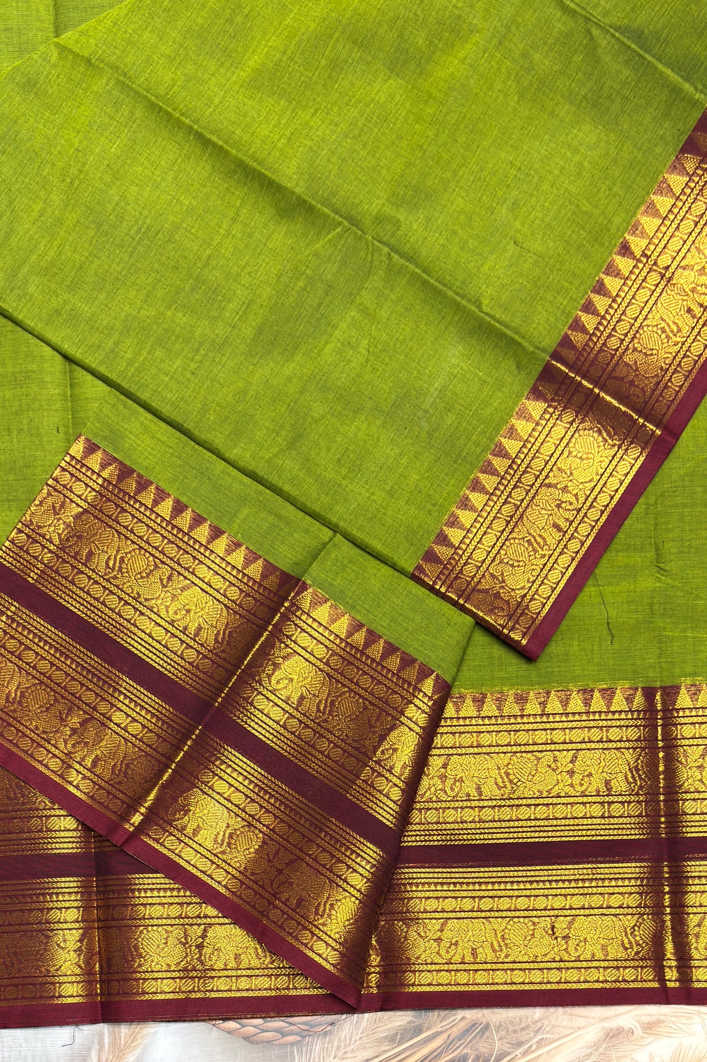 Meenakshi -Premium Kanchi Cotton Saree–Mehendi Green  With Maroon  | MCK61