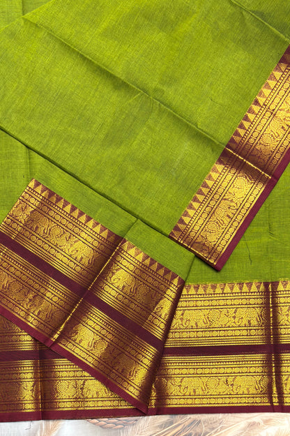 Meenakshi -Premium Kanchi Cotton Saree–Mehendi Green  With Maroon  | MCK61