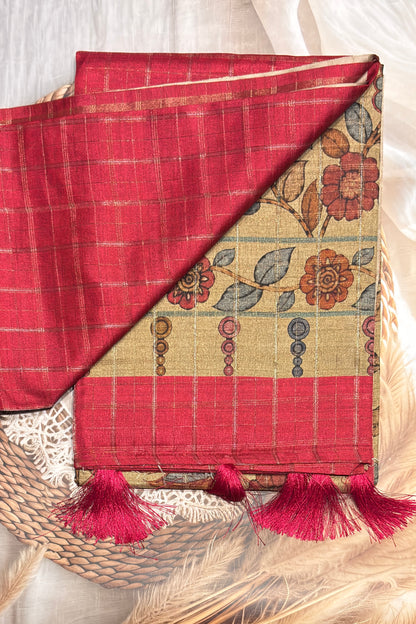Matka Tussar Silk- Tomato Red with Gold-MBSP07