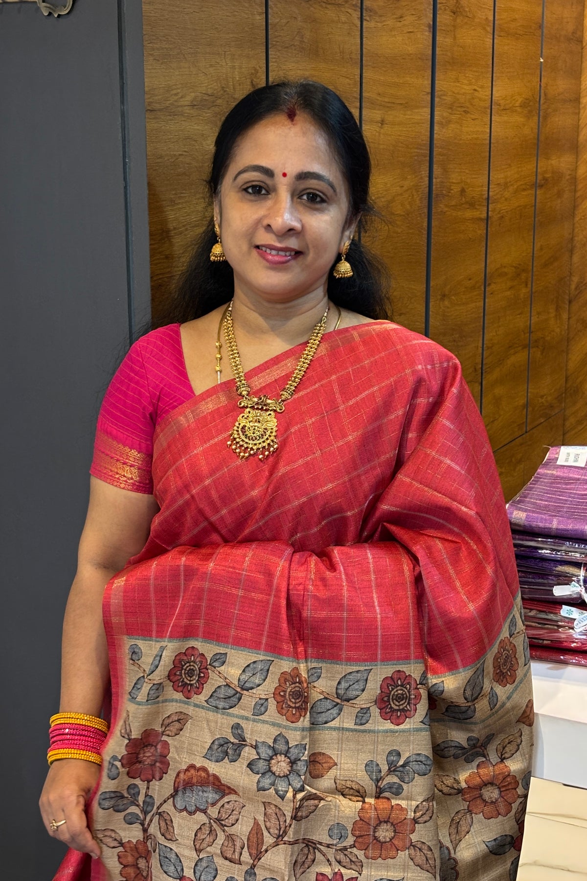 Matka Tussar Silk- Tomato Red with Gold-MBSP07