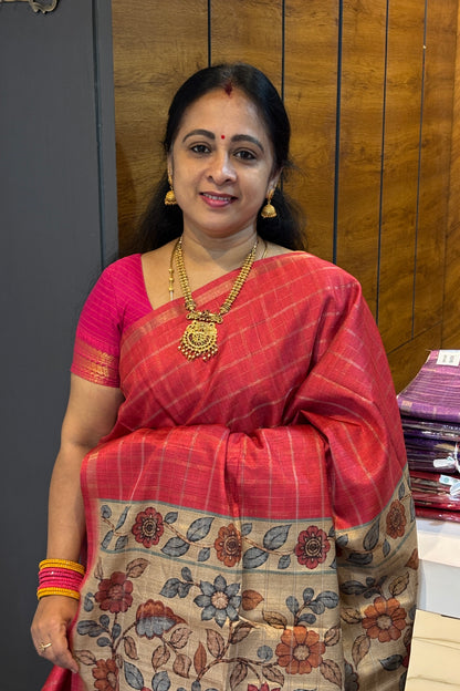 Matka Tussar Silk- Tomato Red with Gold-MBSP07