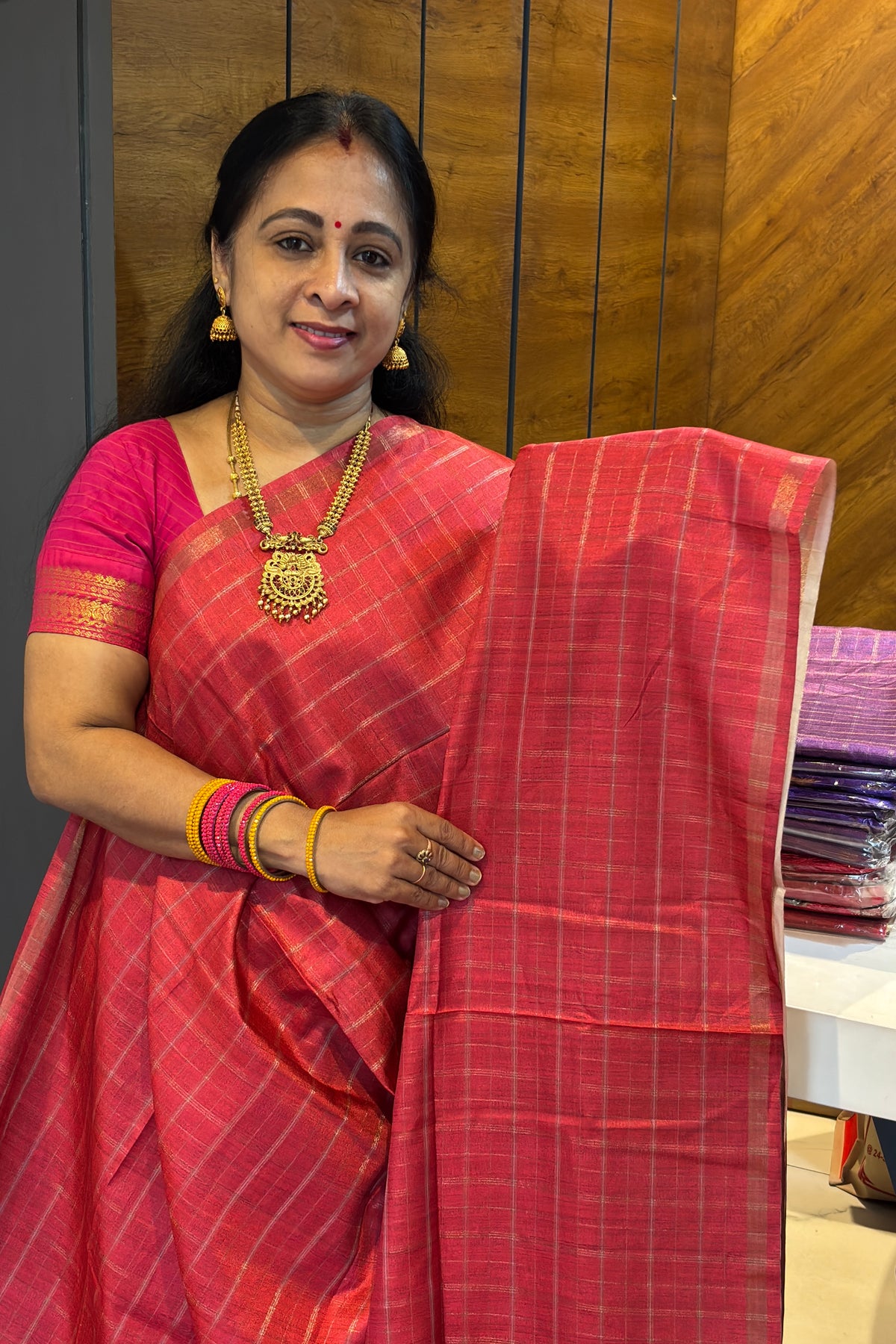 Matka Tussar Silk- Tomato Red with Gold-MBSP07