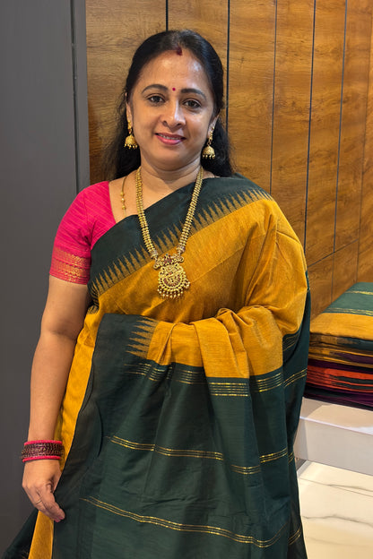 New Gen Kalyani Cotton Tower Border| Mustard Yellow With Green |KCSM03