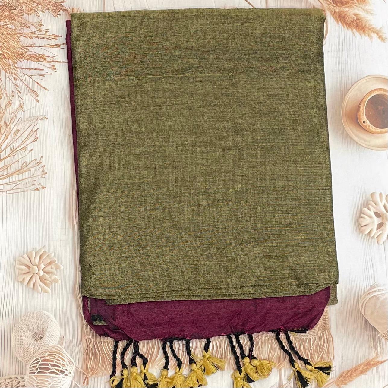 Handloom Kadhi Contrast Saree-Khaki Magenta -MB-KD-CON-04 - Manju Boutique