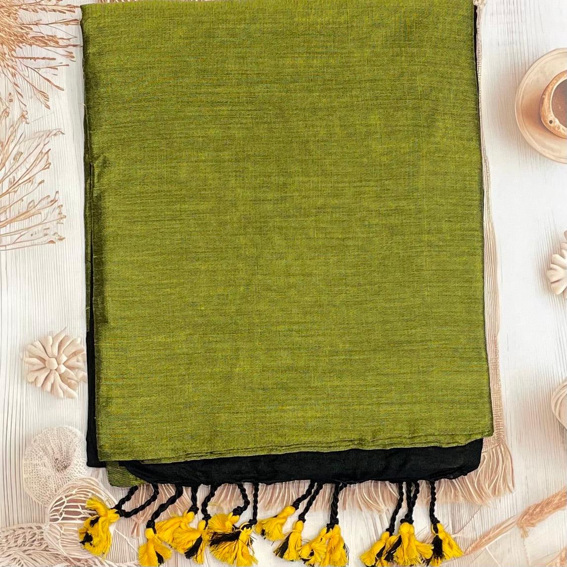 Handloom Kadhi Contrast Saree- Green Black -MB-KD-CON-08 - Manju Boutique