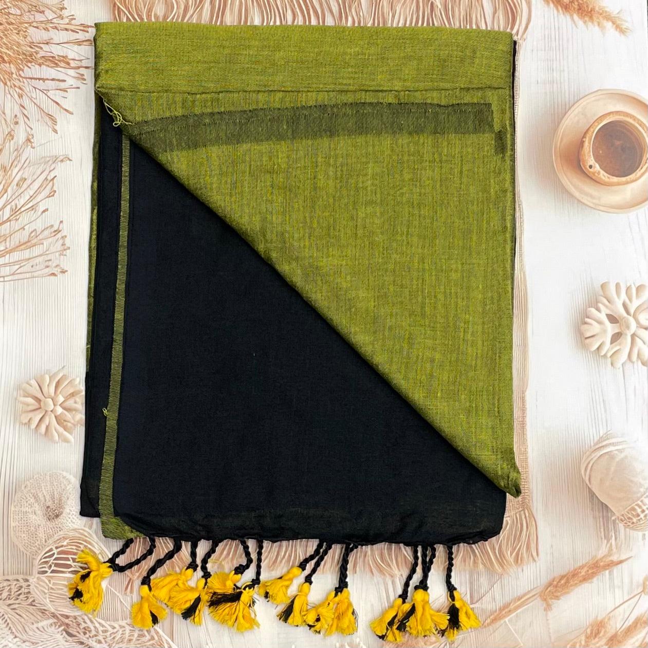 Handloom Kadhi Contrast Saree- Green Black -MB-KD-CON-08 - Manju Boutique