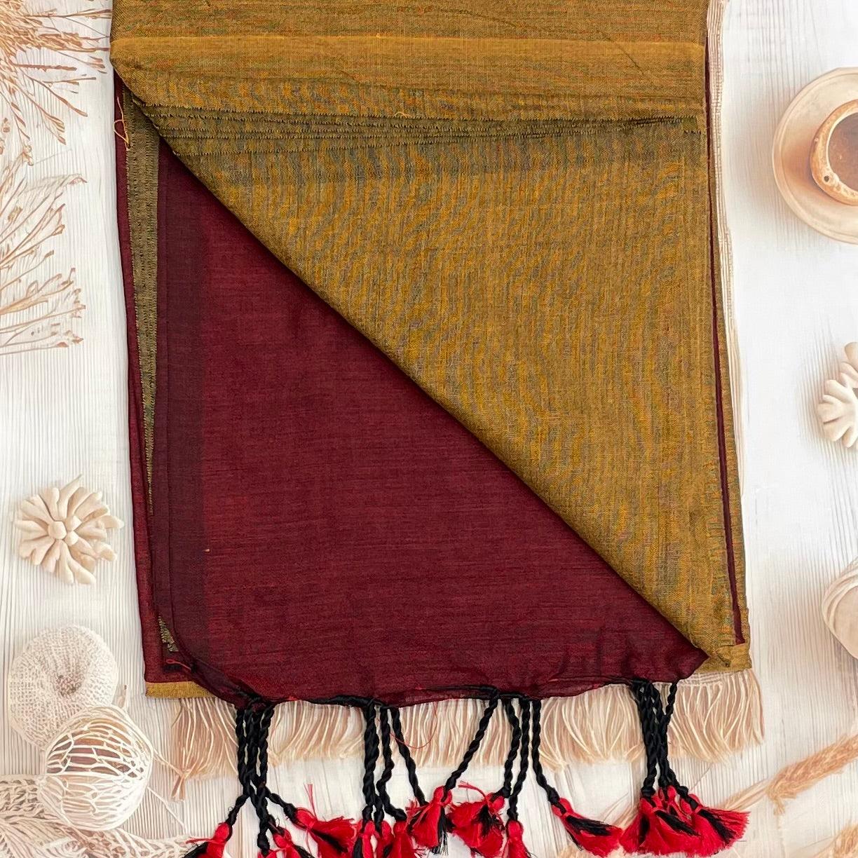 Handloom Kadhi Contrast Saree-Yellow Maroon-MB-KD-CON-11 - Manju Boutique