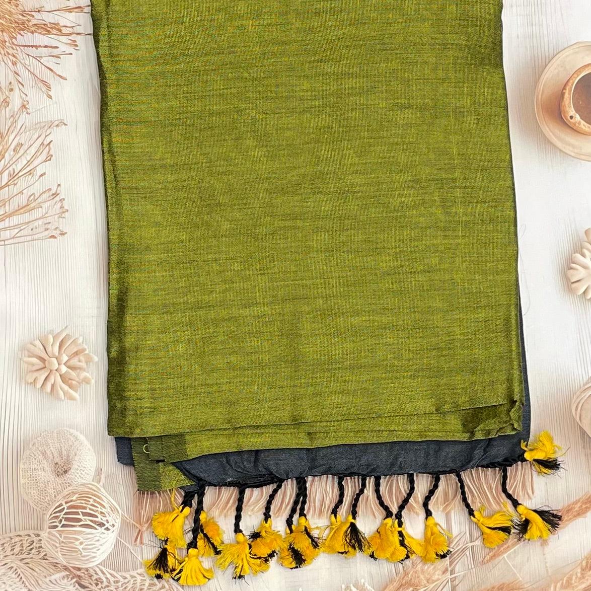 Handloom Kadhi Contrast Saree-Green Grey-MB-KD-CON-10 - Manju Boutique