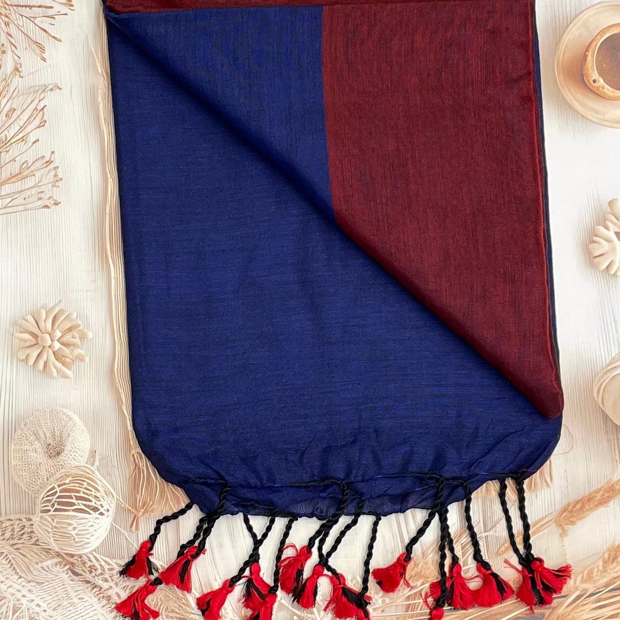 Handloom Kadhi Contrast Saree- Maroon Blue-MB-KD-CON-14 - Manju Boutique