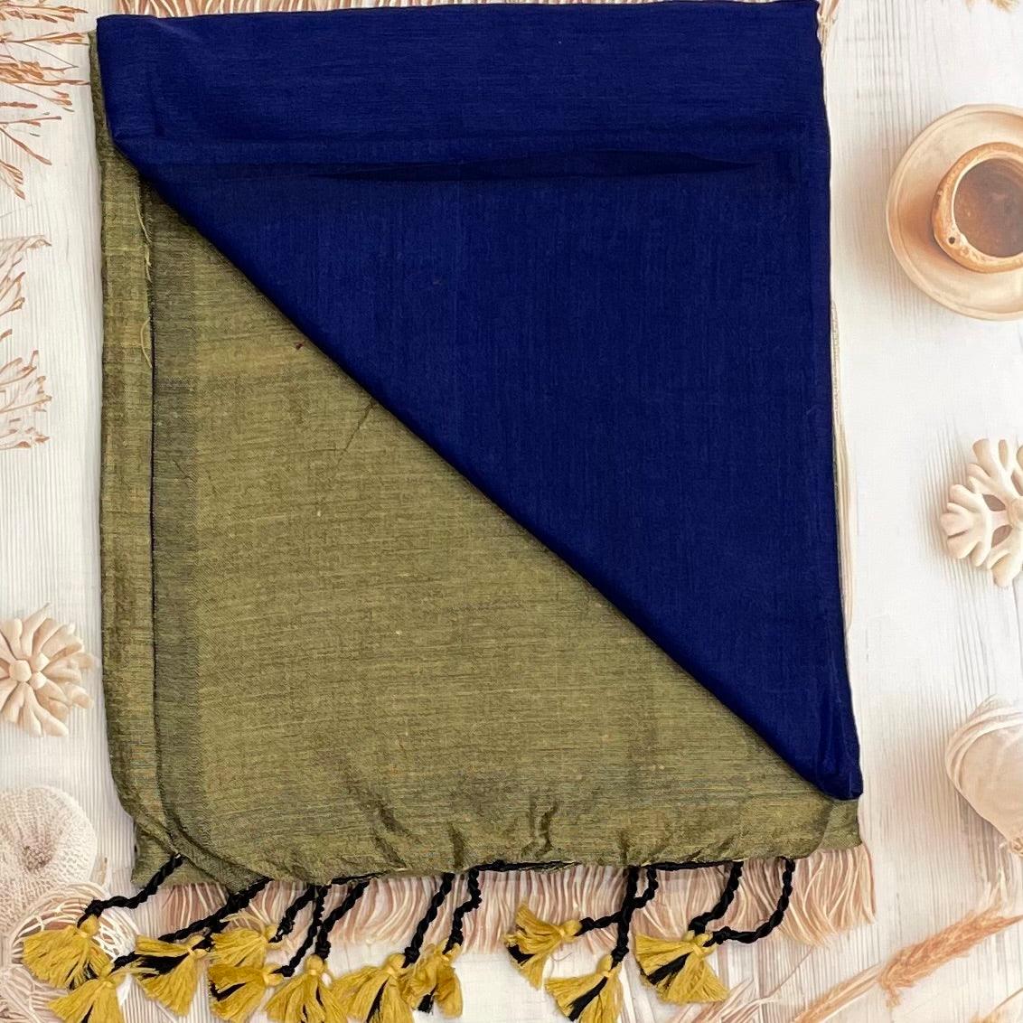 Handloom Kadhi Contrast Saree- Navy Beige -MB-KD-CON-09 - Manju Boutique
