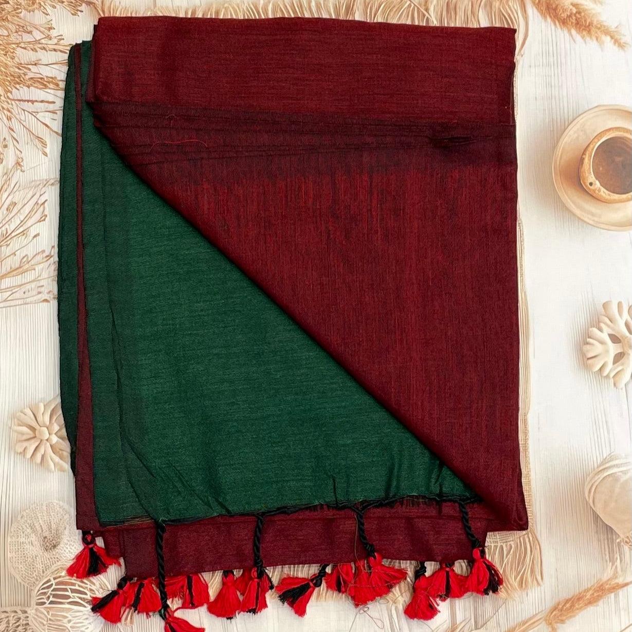 Handloom Kadhi Contrast Saree- Maroon Green-MB-KD-CON-05 - Manju Boutique