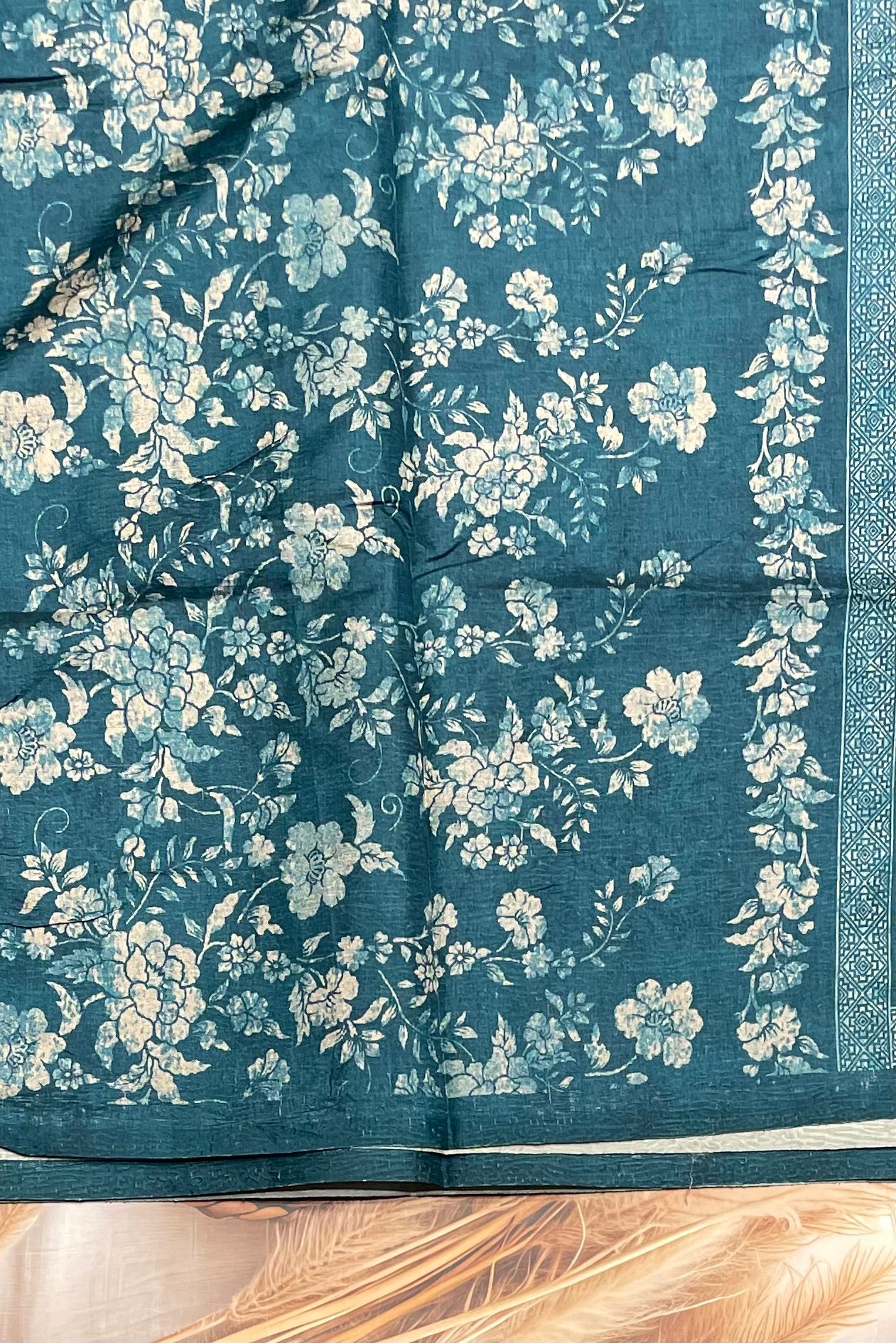 Printed Semi Tussar Silk-Peacock Blue | MBCC20