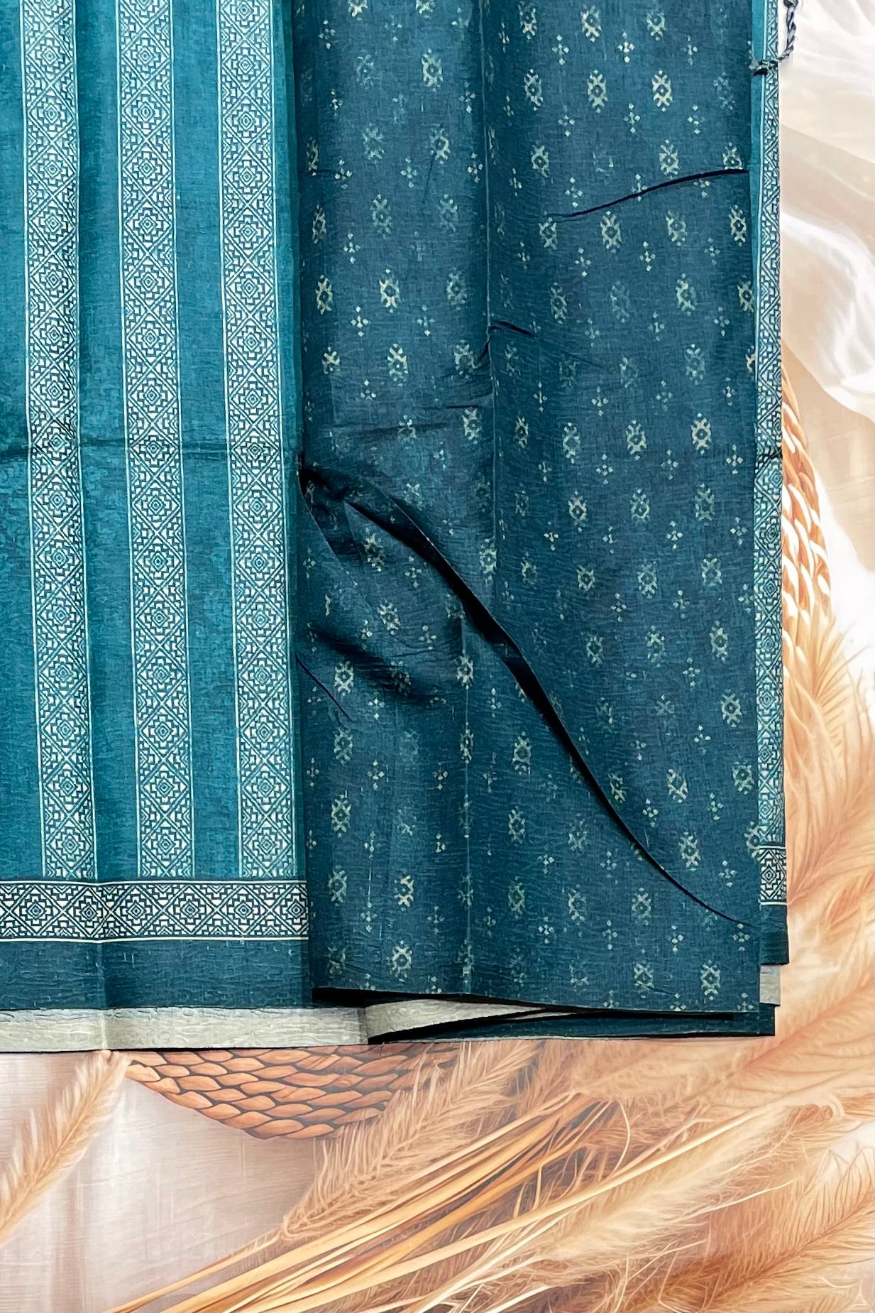 Printed Semi Tussar Silk-Peacock Blue | MBCC20