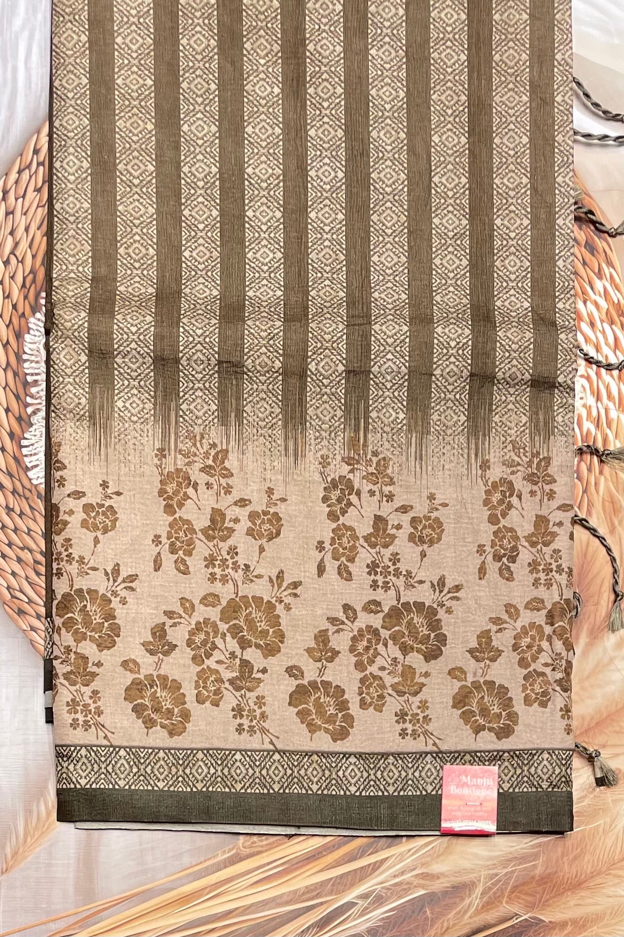 Printed Semi Tussar Silk-Olive Green | MBCC19