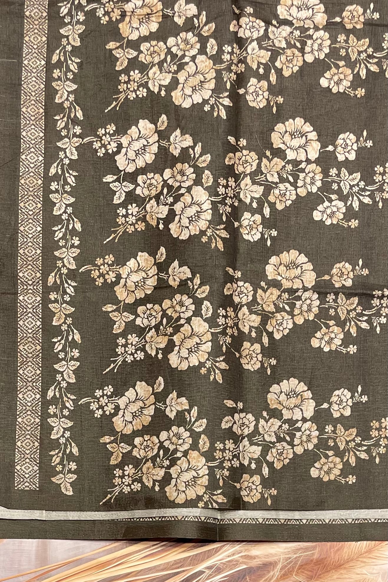 Printed Semi Tussar Silk-Olive Green | MBCC19
