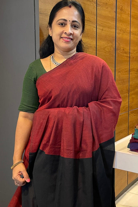 Handloom Kadhi Contrast Saree- Maroon Black-MB-KD-CON-03 - Manju Boutique