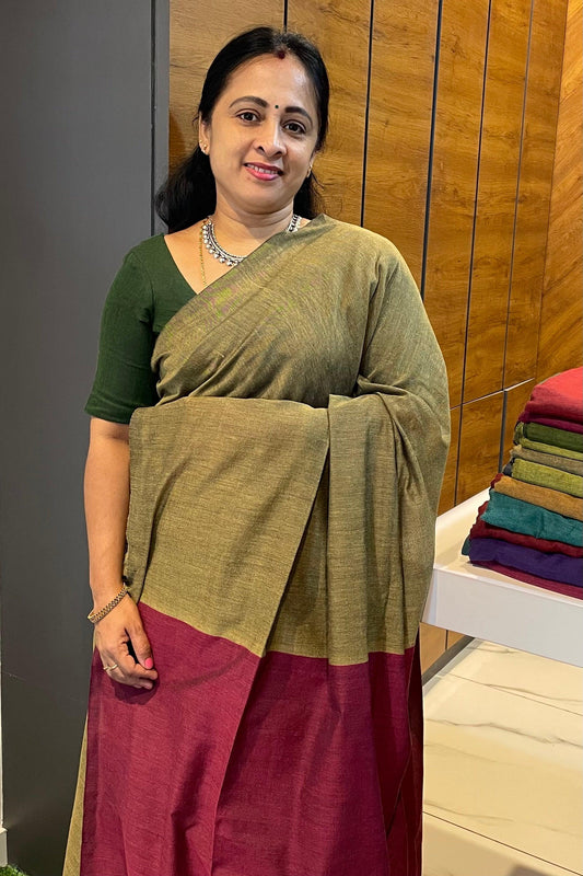 Handloom Kadhi Contrast Saree-Khaki Magenta -MB-KD-CON-04 - Manju Boutique