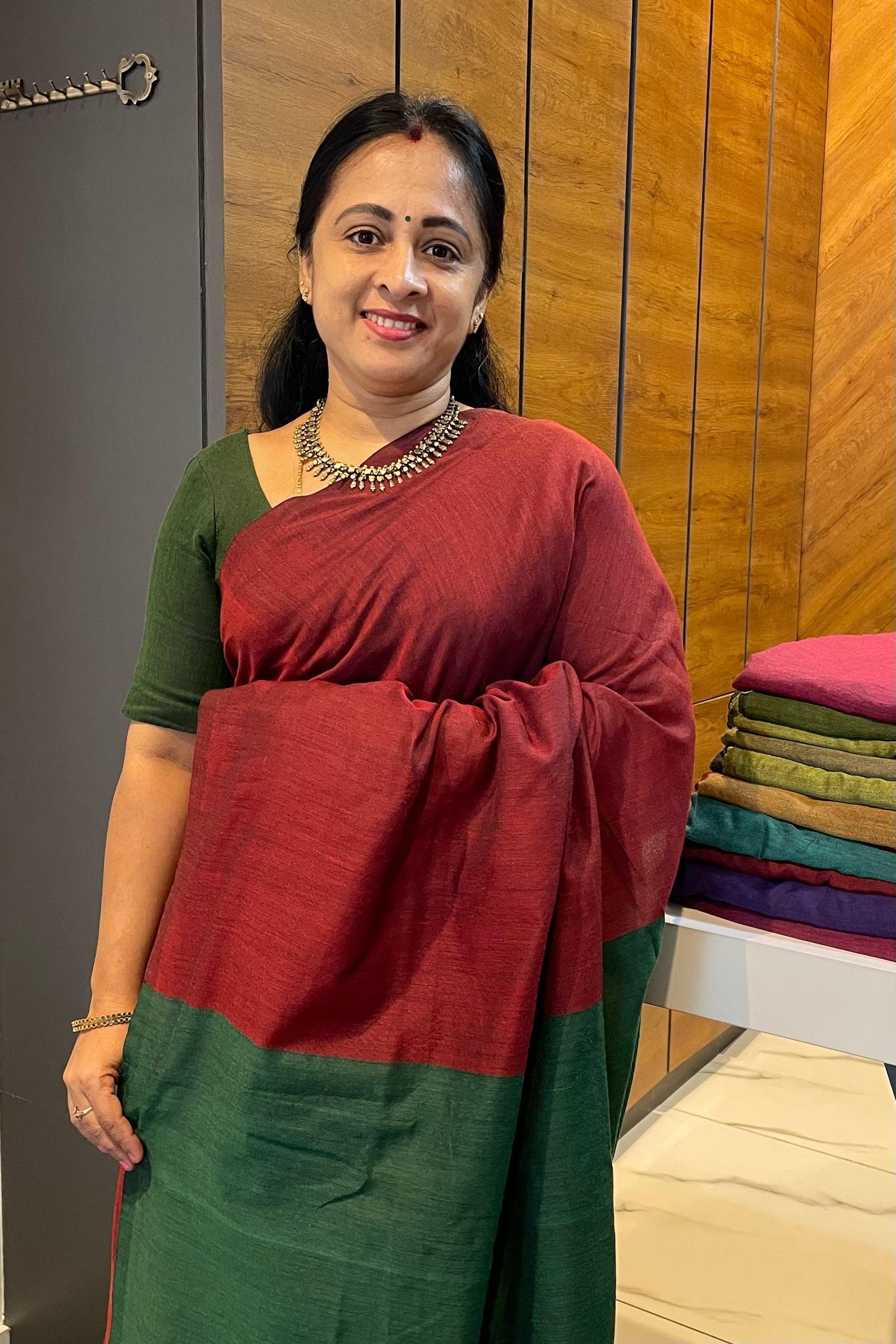 Handloom Kadhi Contrast Saree- Maroon Green-MB-KD-CON-05 - Manju Boutique