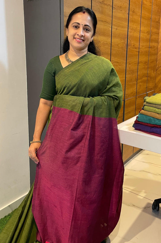 Handloom Kadhi Contrast Saree- Green Pink -MB-KD-CON-07 - Manju Boutique