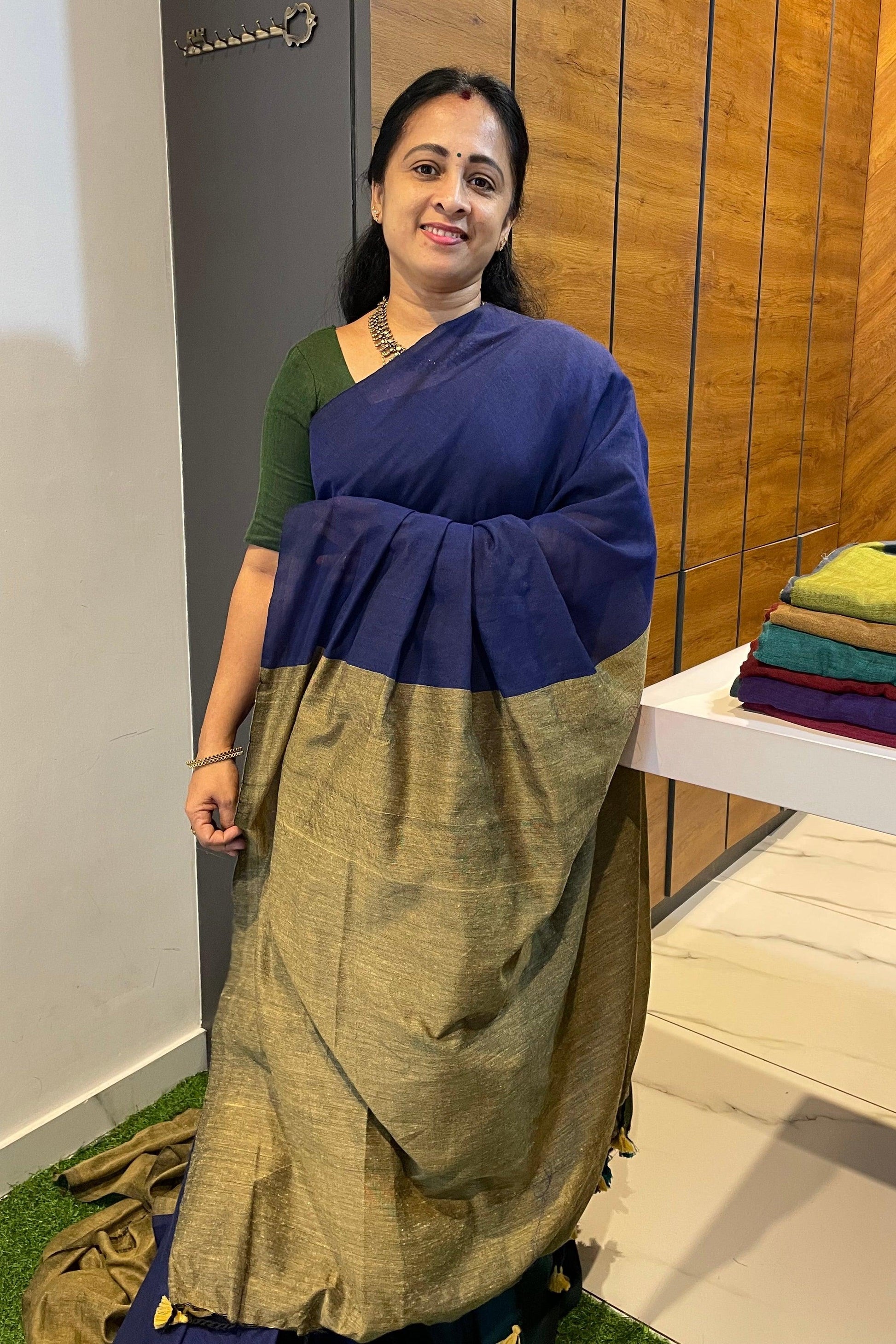 Handloom Kadhi Contrast Saree- Navy Beige -MB-KD-CON-09 - Manju Boutique