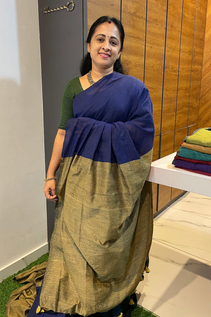 Handloom Kadhi Contrast Saree- Navy Beige -MB-KD-CON-09 - Manju Boutique