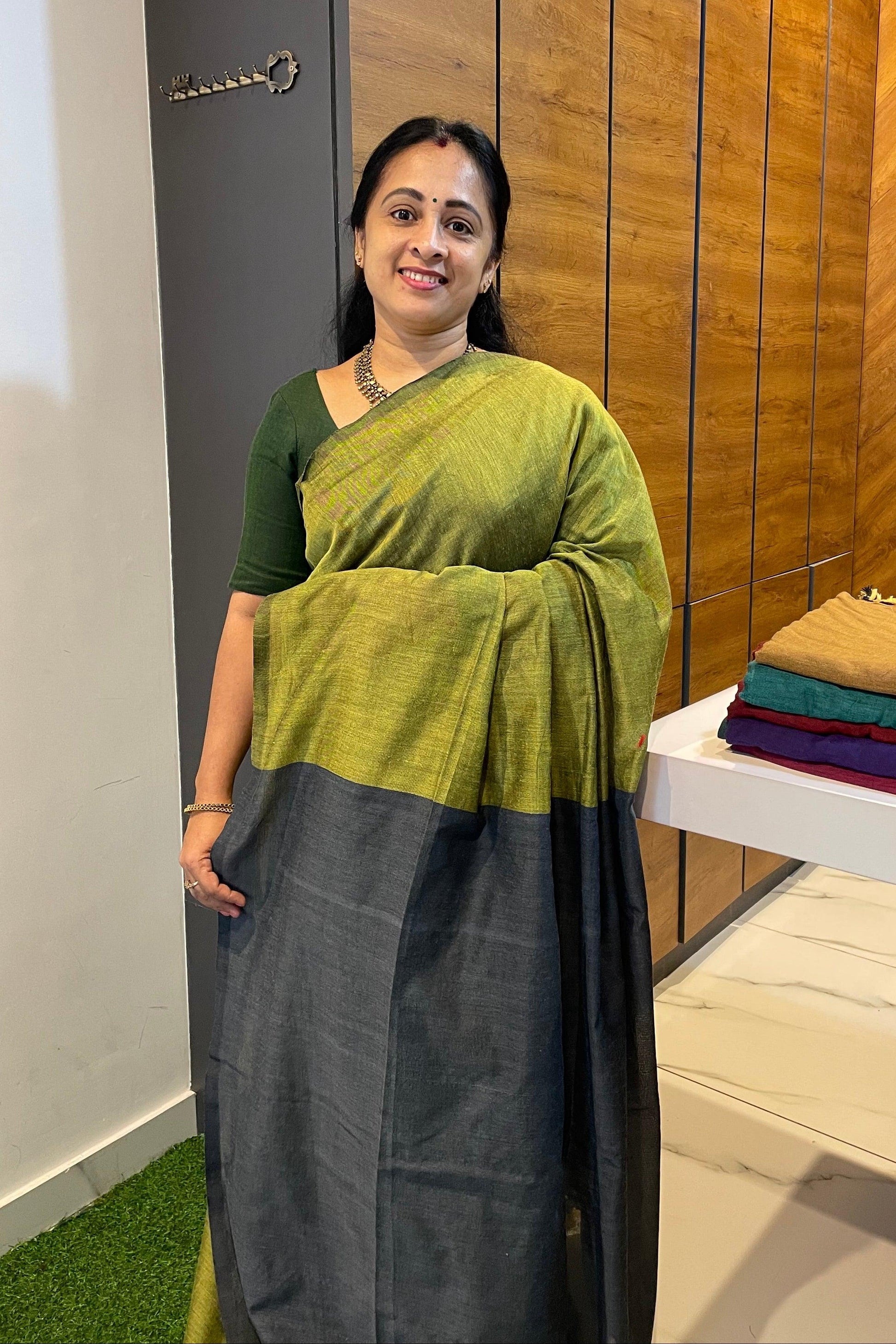 Handloom Kadhi Contrast Saree-Green Grey-MB-KD-CON-10 - Manju Boutique