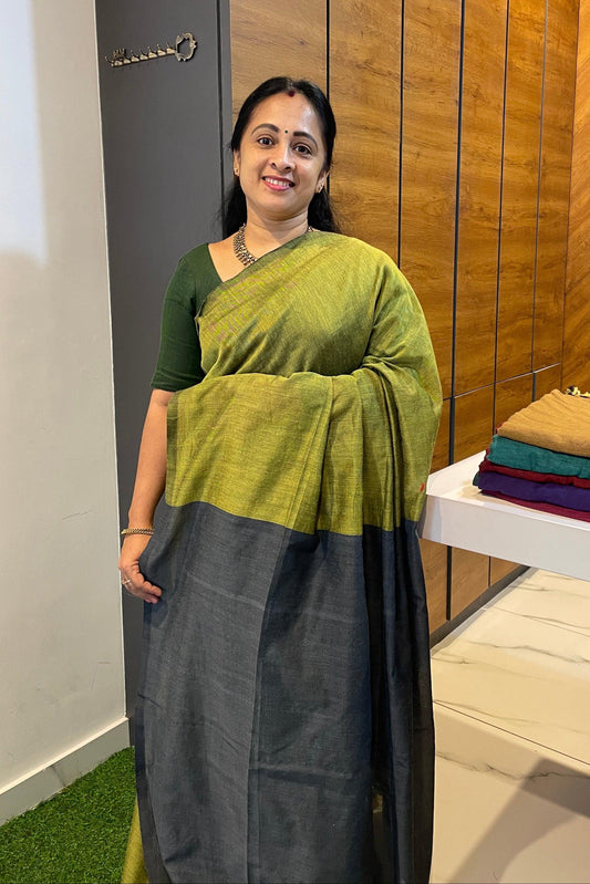 Handloom Kadhi Contrast Saree-Green Grey-MB-KD-CON-10 - Manju Boutique