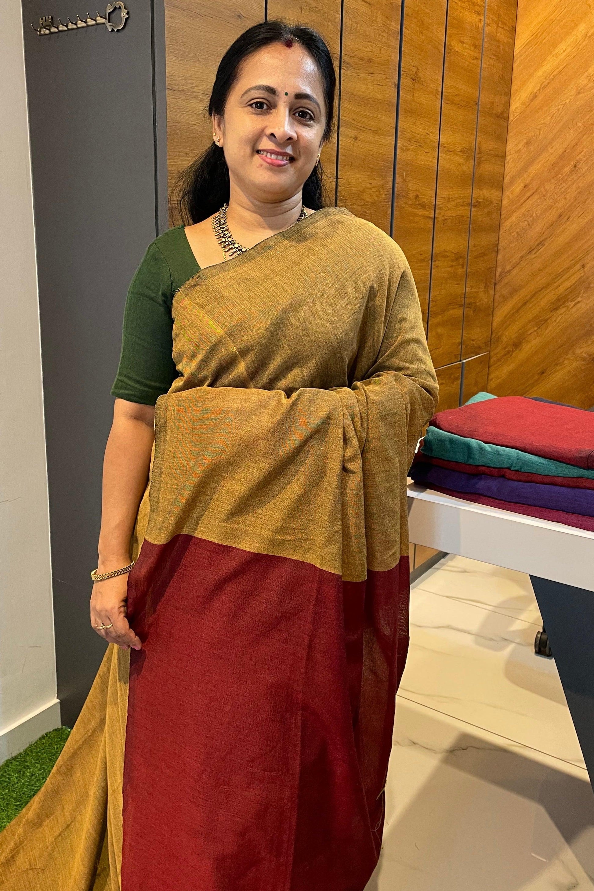 Handloom Kadhi Contrast Saree-Yellow Maroon-MB-KD-CON-11 - Manju Boutique