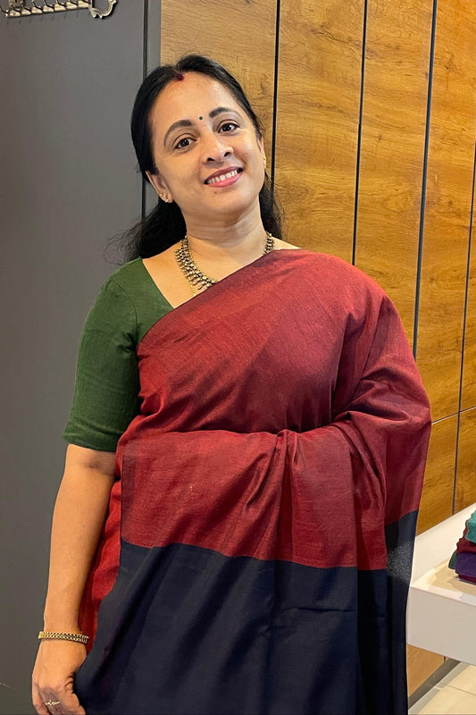 Handloom Kadhi Contrast Saree- Maroon Navy-MB-KD-CON-12 - Manju Boutique